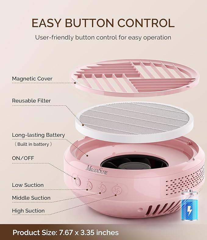 MelodySusie Advanced Cordless Nail Dust Collector, SProR 3500RPM Powerful Portable Nail Vacuum Fan with 3 Suction Modes,Reusable Filter & Low Noise for Mobile Nail Tech, DIY Nail Artist & Home Use
