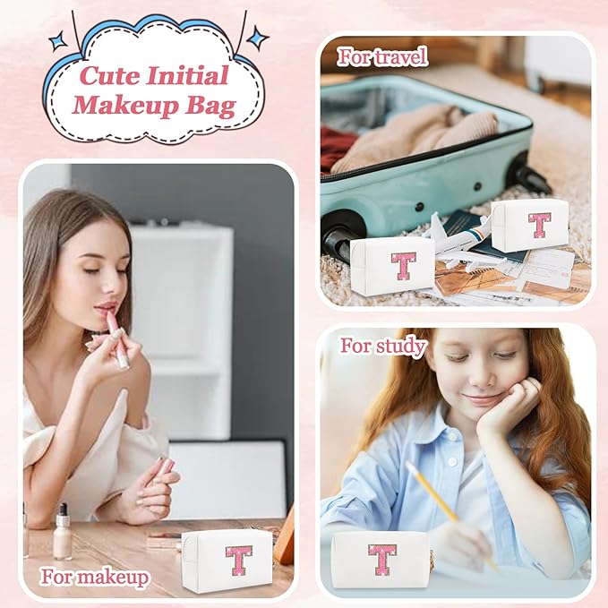 Personalized Initial Letter Makeup Bag, Small Preppy Glitter Letter Cosmetic Pouch PU Waterproof Zipper Travel Toiletry Bag, Unique Letter Patch Makeup Organizer Gift for Women Teen Girls(Letter T)