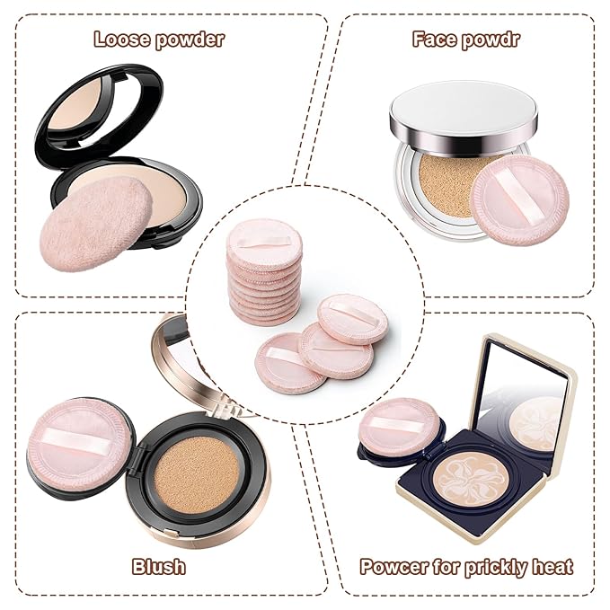 Xindojuz 12 PCS Makeup Powder Puffs, 2.36 Inch Washable Cotton Soft Makeup Remover Pads for Face, Mini Round Cushion Foundation Puffs with Ribbon for Loose Setting Pressed Powder (Beige)