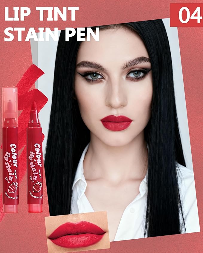 Lip Tint Stain Pen,Bright Red Waterproof Long Lasting Matte Lip Liner Stain