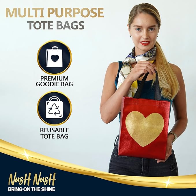 Nush Nush Medium Red Gift Bags with Gold Heart, 8 x 4 x 10, Set of 12