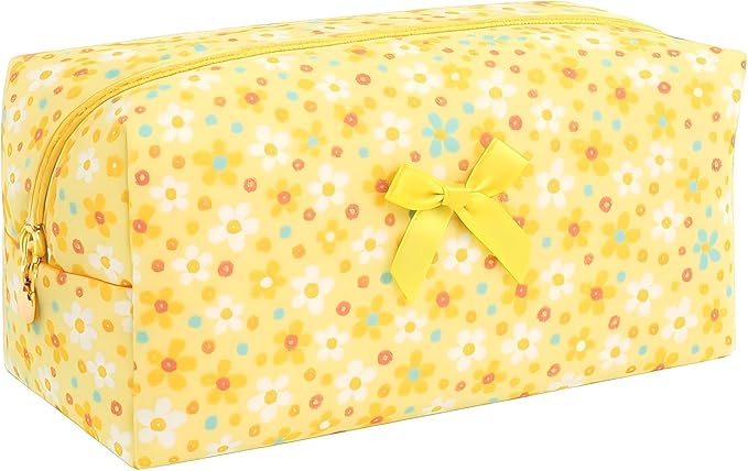 OIMEI Floral Quilted Cotton Makeup Bag for Women, Large Capacity Travel Cosmetic Pouch with Zipper, Cute Toiletry & Brush Organizer, Kawaii Makeup Storage Case – Yellow Sun Flower