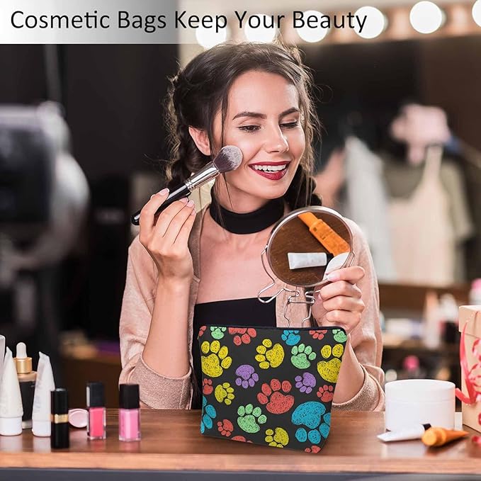Kalygon Woman Makeup Bag Dog Paw, Rainbow Doodle Paw Prints Cat Footprint Makeup Bags Travel Cosmetic Bags Toiletry Makeup Organizer Pencil Pouch Make Up Cosmetic Bag For Owners Lady Birthday Gifts