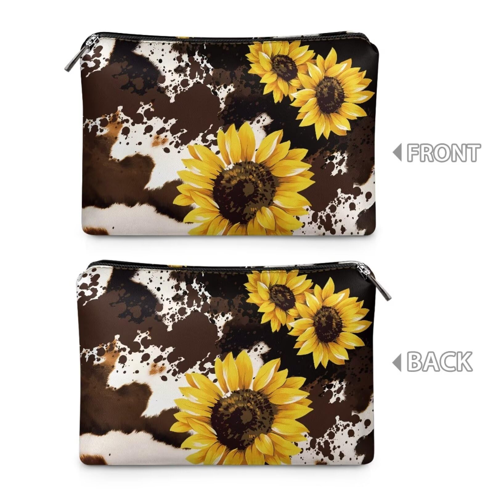 COEQINE Sunflower Cosmetic Bag for Women Leather Soft Cosmetic Bag With Black Cosmetic Purse for Travel Birthday Party Cow Print Cosmetic Purse With Zipper for Ladies Cell Phone Purse