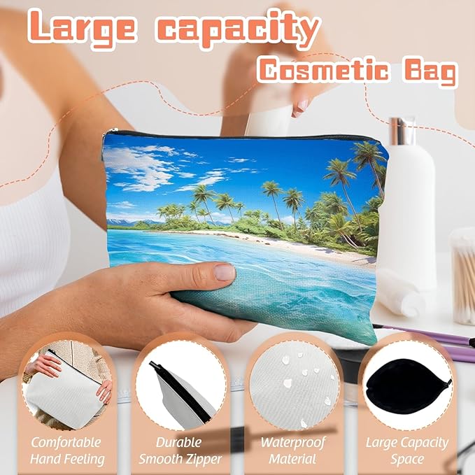 Scribesense Makeup Bag Travel Cosmetic Bags Small Makeup Case Waterproof Zipper Pouch for Women Girls 7X9inches - Tropical Paradise with Palm - Lined Beach