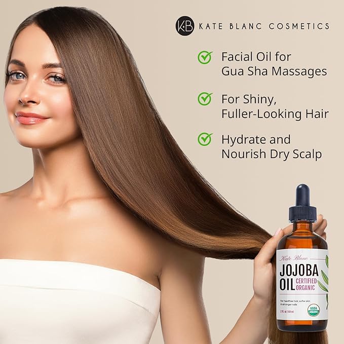 Kate Blanc Cosmetics Organic Jojoba Oil for Hair, Skin, Face, Nails (2oz) - USDA Certified, 100% Pure Cold Pressed Unrefined - Moisturizing Carrier Oil for Gua Sha, Dermaplaning, Body - Glass Bottle