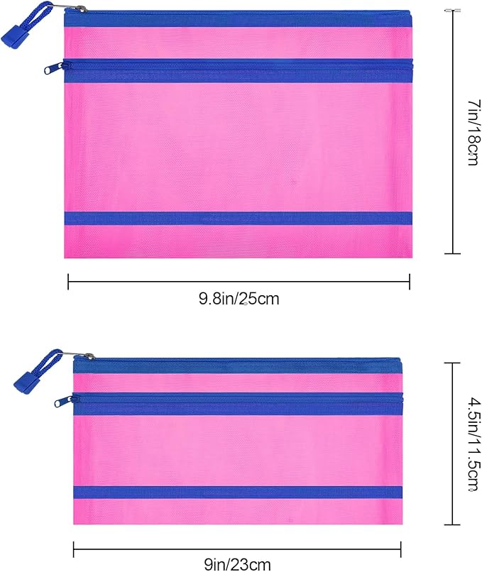 Sinzip 12 Pieces Zipper Nylon Mesh Pouch, Mesh Cosmetic Bags Makeup Bags Pencil Case, Multipurpose Travel Bags for Cosmetic School Office Supplies and Travel Accessories (2 Layers-Hot Pink, A5)
