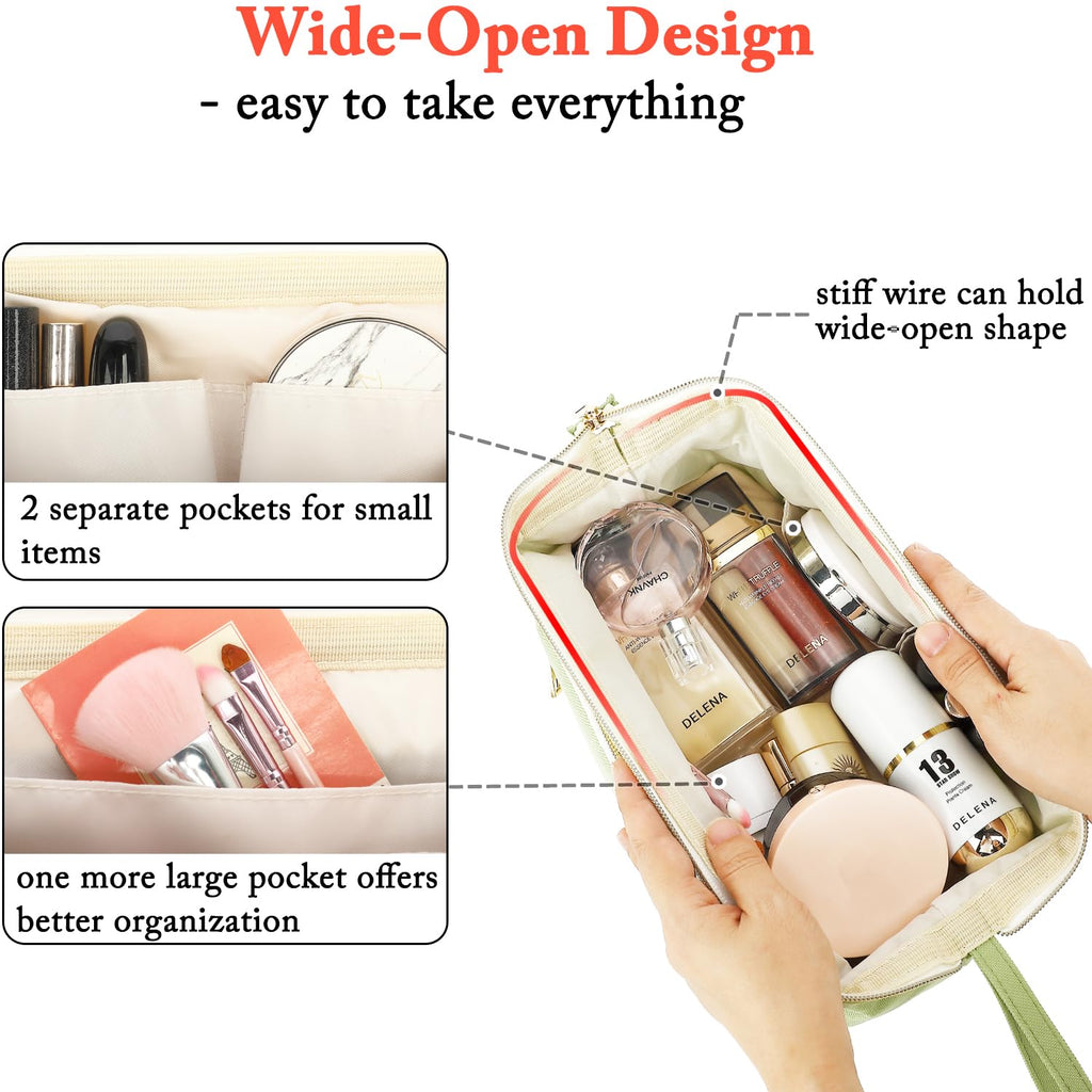 Fammart Travel Makeup Bag, Wide-open Cosmetic Bag Make Up Organizer Case with Brushes Pocket for Women, Large Family Toiletry Bag Skincare Pouch for Toiletries Accessories