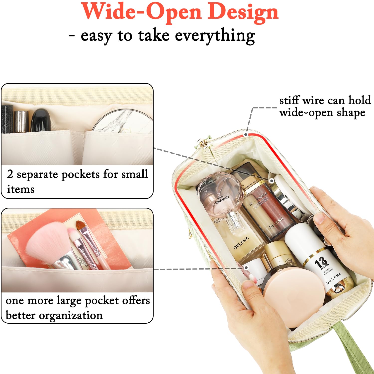 Fammart Travel Makeup Bag, Wide-open Cosmetic Bag Make Up Organizer Case with Brushes Pocket for Women, Large Family Toiletry Bag Skincare Pouch for Toiletries Accessories