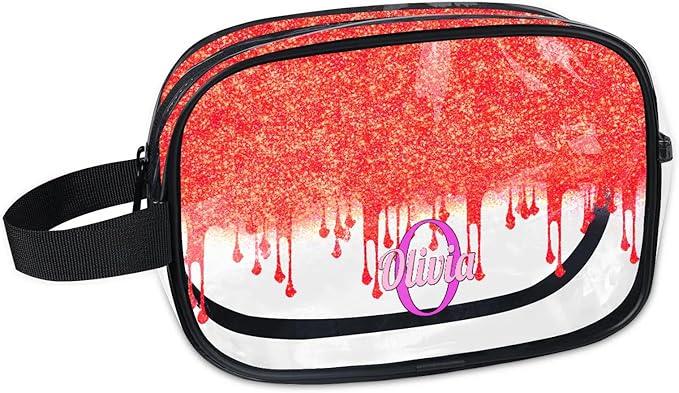 KFNHN Custom Travel Clear Cosmetic Bag with Name, Personalized Large Capacity Weekend PVC Transparent Toiletry Bag Portable Bathroom Makeup Organizer, Red Curtain Glittering