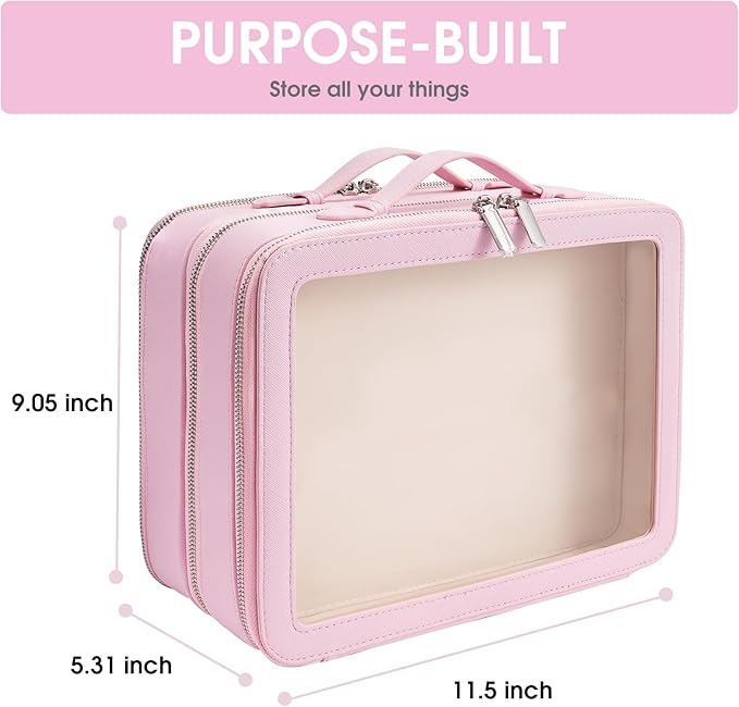 idoltimes Clear Makeup Bag,Large Toiletry Case for Women,PU Leather Travel Cosmetic Bag,Detachable Makeup Case,Double Compartment Make up Organizer