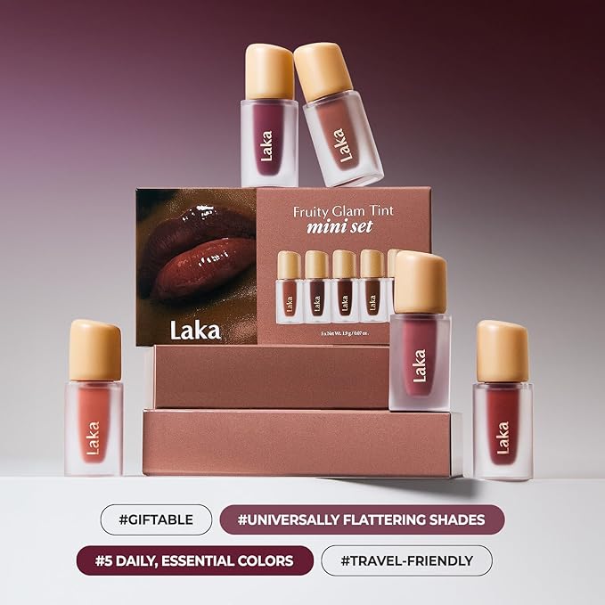 Laka Best Fruity Glam Tint Mini Set, 1.9g/0.07oz*5ea, Gift Set for Women, Hydrating & Glowy Finish, Lightweight & Comfortable, Buildable Color, Non-Sticky, Vegan, K-Beauty