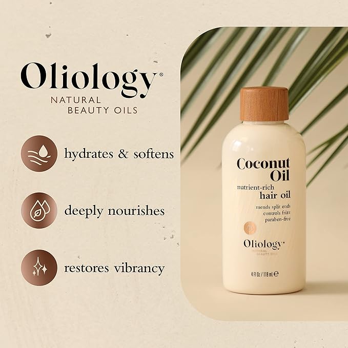 Oliology Coconut Hair Oil - Lightweight Formula Helps Repair Distressed Hair Caused by Heat Styling & Chemical Treatments | Mends Split Ends | Controls Frizz | & Paraben Free (4oz/2 Pack)