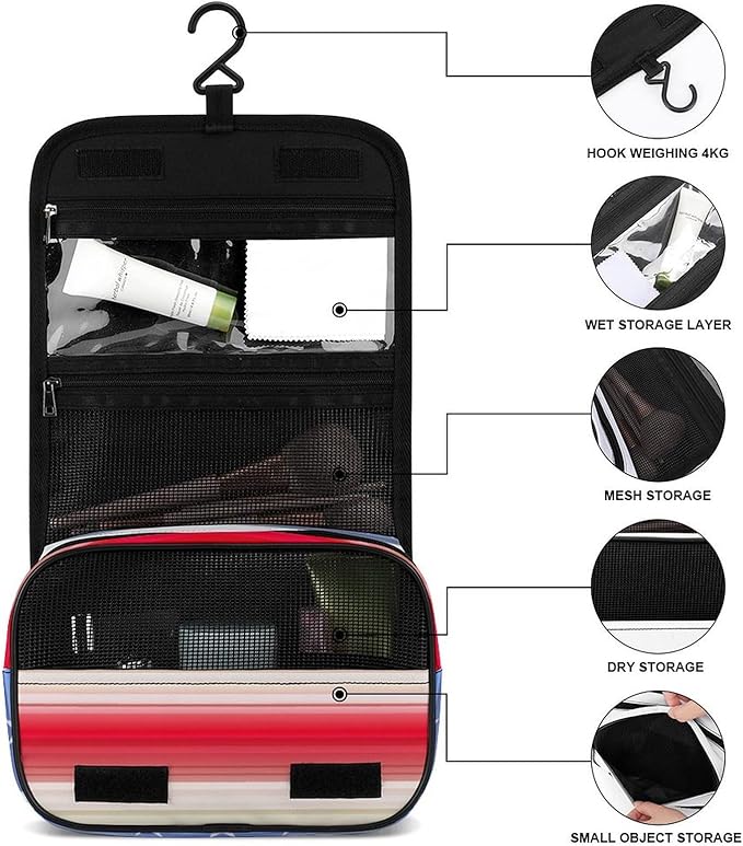 CWECVWE Travel Toiletry Bag Red Blue White American Flag, Portable Makeup Bag with Hanging Hook, Large Capacity Door Room Essentials Travel Organizer for Women Men