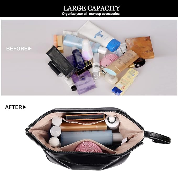 Abiudeng Large Makeup Bag for Women,Travel Makeup Organizer with Brush Holder, Dopp Kit Essentials,Waterproof PU Cosmetic Bag for Traveling,Multi Compartment, Cute,Spacious Capacity-Black