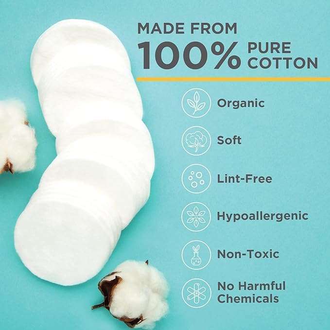 NOLEO Organic Cotton Rounds for Sensitive Skin, 100% Pure GOTS Certified Organic Cotton, Hypoallergenic, Lint-Free and Chlorine Bleach-Free, Made in Poland, 100 Count