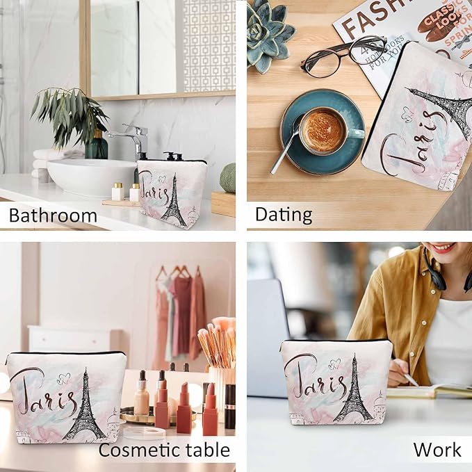 Kalygon Women Cosmetic Bag Eiffel Tower, Watercolor Paris Eiffel Tower Cute Makeup Bag For Purse Cosmetic Travel Bag For Toiletries Makeup Storage Bag Flax Skincare Bag Make Up Pouch Bags
