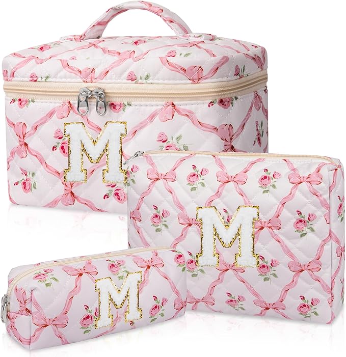Junesters Personalized Initial Makeup Bag Set, Quilted Makeup Bag, Large Floral Cosmetic Bag for Women, Cute Cotton Custom Make up Bags, Flower Travel Toiletry Bag Teen Girl Gift Trendy Stuff Gift M