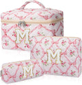 Junesters Personalized Initial Makeup Bag Set, Quilted Makeup Bag, Large Floral Cosmetic Bag for Women, Cute Cotton Custom Make up Bags, Flower Travel Toiletry Bag Teen Girl Gift Trendy Stuff Gift M