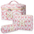 Junesters Personalized Initial Makeup Bag Set, Quilted Makeup Bag, Large Floral Cosmetic Bag for Women, Cute Cotton Custom Make up Bags, Flower Travel Toiletry Bag Teen Girl Gift Trendy Stuff Gift M