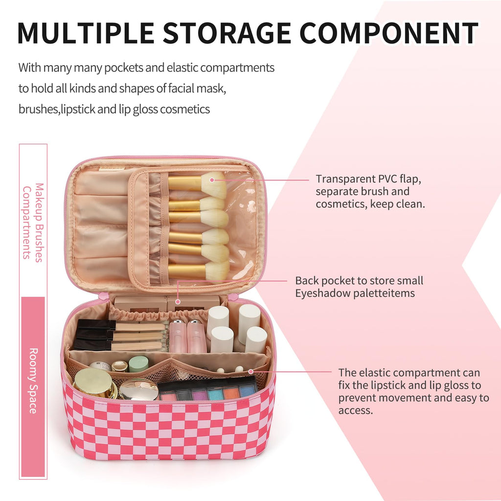 OCHEAL Makeup Bag Portable Cosmetic Bag For Women, Large Capacity Travel Makeup Case Organizer, Toiletry Bag for Girls Traveling With Handle and Divider-Pink