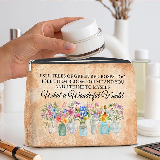 UPNEGE Floral Makeup Bag Gifts for Women What a Wonderful World Floral Butterfly Cosmetic Bag Zipper Makeup Pouch