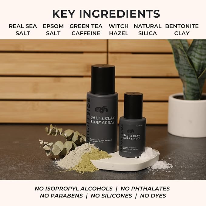 BRIGHTSIDE Salt & Clay Surf Spray - Instant Volume & Texture for Thicker Hair - Natural Sea Salt Spray for Men & Women - Hydrate with Light Hold, Alcohol-Free, Clean ingredients, 3oz Travel Approved