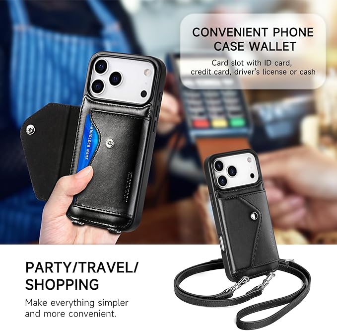LUCKYCOIN Crossbody Phone Case for iPhone 17 Pro Max, 100% Genuine Leather Phone Wallet Case for Women, Premium Hands-Free Phone Purse with Expandable Flip Card Holder & Adjustable Strap - Retro Black