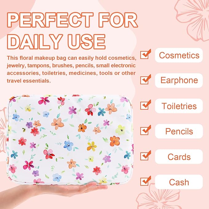 UIXIZQ Waterproof Large Floral Makeup Pouch,Nylon Travel Toiletry Storage Purse Preppy Cosmetic Bag for Women Girl,Large Capacity Makeup Organizer Zipper Pouch for Work(L Colorful-Flowers)
