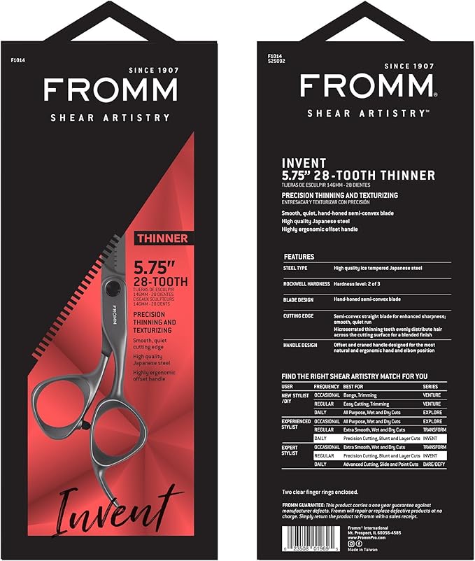 Fromm Professional Invent 5.75" 28-Tooth Precision Hair Thinning & Texturizing Shears for Blunt & Layer Cuts in Gunmetal Japanese Steel Scissors with Semi-Convex Blade for Salon Stylists