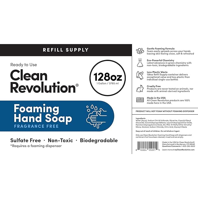 Clean Revolution Fragrance Free Foaming Hand Soap Refill, Moisturizing Sulfate-Free Hand Soap, Ready-to-Use Foam Soap Refill for Kitchen & Bathroom, Unscented (128oz, 4 Pack)