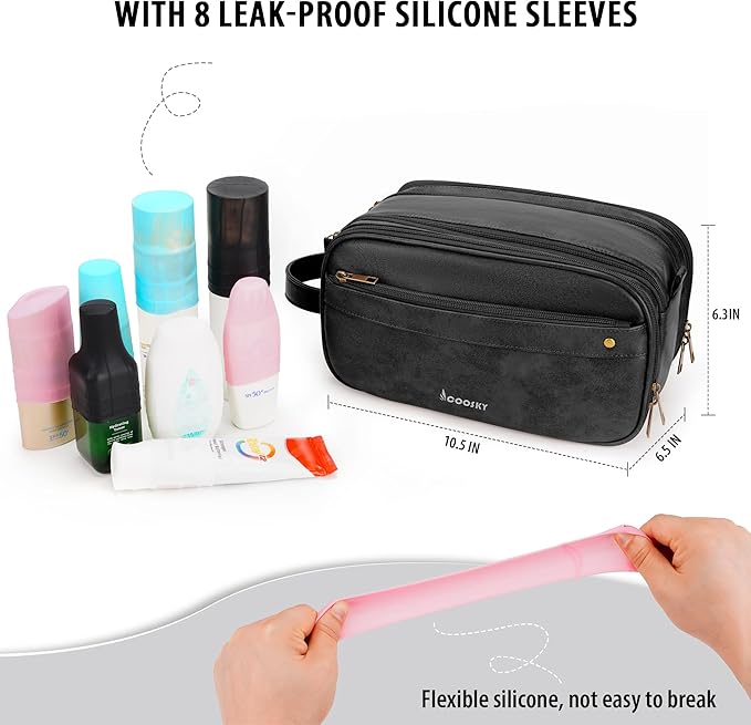 COOSKY Travel Toiletry Bag for Men, Large Hanging Toiletries Organizer Bags for Women, Cruise Ship Essentials, Water-resistant Shaving Case, PU Leather Makeup Accessories, Cosmetic Dopp Kit, Black