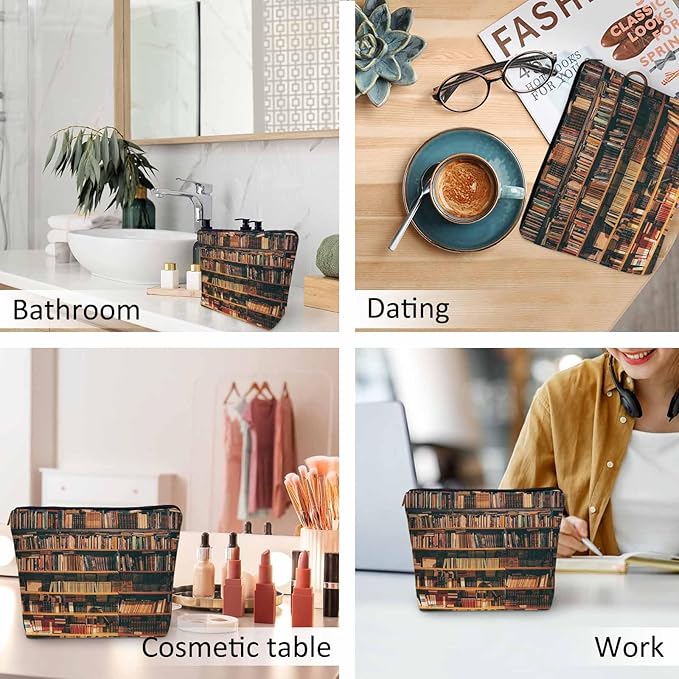 Kalygon Vintage Library Bookshelf Makeup Bag for Purse, Travel Toiletry Pouch, Cosmetic Organizer, Old Books Pattern Flax Pencil Case for Men and Women