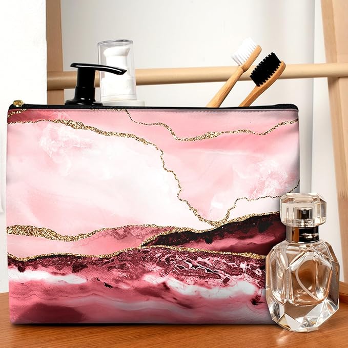 GEGEPINK Cute Makeup Bag for Purse Waterproof Cosmetic Bags for Women Funny Smooth Zipper Travel Toiletry Pouch 10X8 Inches-Pink Marble Makeup pouch
