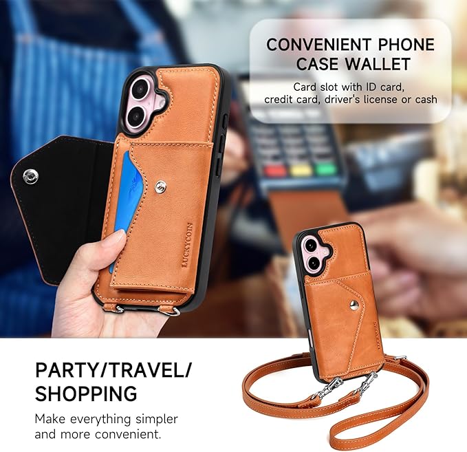 LUCKYCOIN Crossbody Phone Case for iPhone 16,100% Genuine Leather Phone Wallet Case for Women, Fashion Premium Hands-Free Phone Purse with Expandable Flip Card Holder & Adjustable Strap - Retro Brown