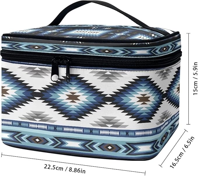 Drydeepin Western Makeup Bags for Woment Tribal Ethnic Tribal Aztec Navajo Portable Cosmetic Travel Bags with Zipper and Carry Handle Large Capacity Toiletry Case Organizer Storage Pouch