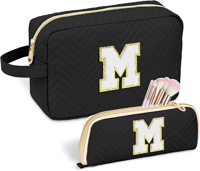 Sernaxi Personalized Initial Makeup Bag Waterproof Leather Cosmetic Bag Travel Toiletry Bag, Valentine’s Day Gift Makeup Organizer Case & Makeup Pouch for Women Teen Girls Mom Girlfriend Wife