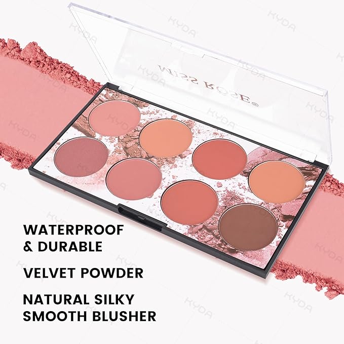 KYDA 8 Colors Face Blush Palette, Natural Matte Blush Palette, Smooth Blendable Powder, Multiuse Blusher Makeup with Contour and Highlighter