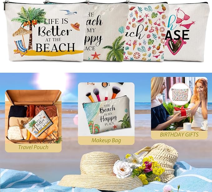 4 PCs Beach Vacation Makeup Bag, Beach Gifts, Cruise Gifts Cosmetic Bag