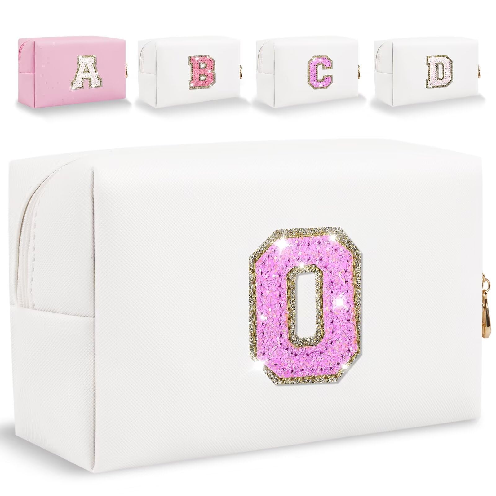 Glitter Initial Letter Makeup Bag, Small Personalized Sequins Letters PU Leather Cosmetic Bag Portable Waterproof Makeup Zipper Pouch, Shine Handbag Organizer Travel Bag Gifts for Women&Girls(White-O)