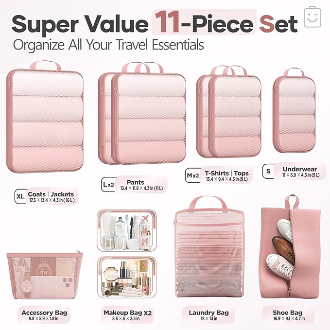 Veken 11 Set Compression Packing Cubes Garment Bags for Travel Essentials,Compressible Expandable Luggage Organizer Bags for Clothing,Space Saver Bags with Over 1000 pcs of Mesh Holes(Light Coral)