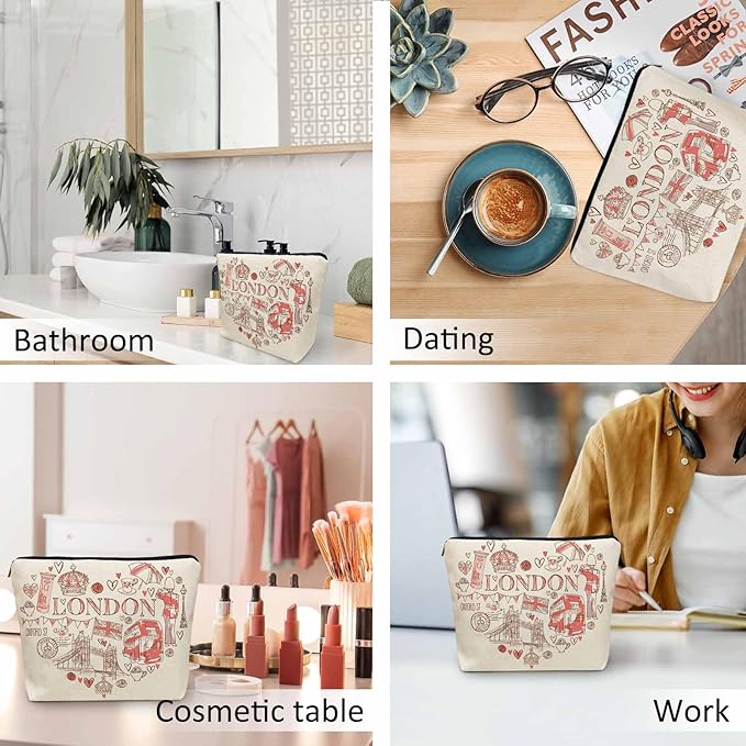 Kalygon Women Makeup Organizer Bag London, Heart Shape I Love London Quote Flax Cosmetic Bag Makeup Bags Toiletry Bag Accessories Organizer Travel Bags For Home Bathroom Office Hotel Gym