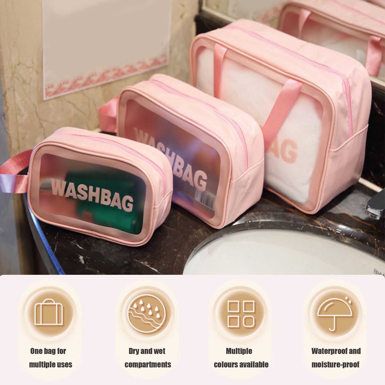 BIRDDIE Clear Travel Bags for Toiletries,3 Pack Toiletry Bag,Matte Translucent Toiletry Bag,Makeup Bag With Handy Handle,Travel Pouch,Makeup Cosmetic Organizer for Travel Essentials(White)