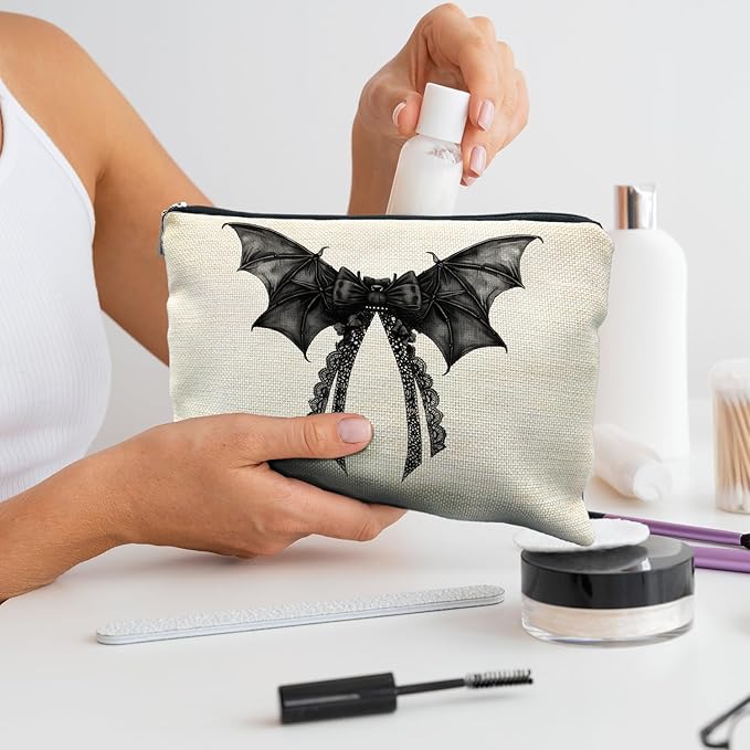 RYYCDOI Halloween Coquette Lace Bow Bat Cosmetic Bag - Gothic Black, Girly Makeup Pouch