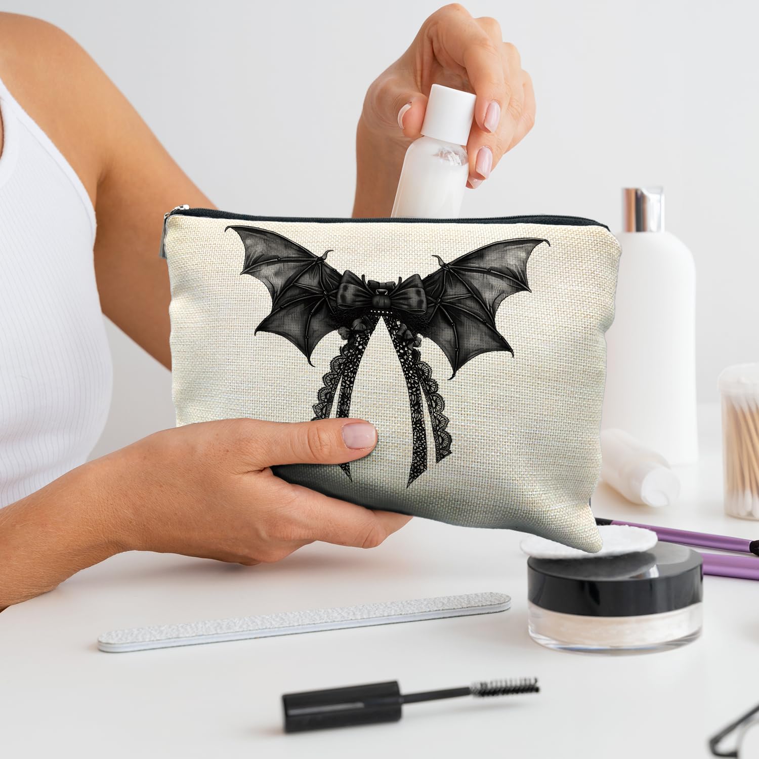 RYYCDOI Halloween Coquette Lace Bow Bat Cosmetic Bag - Gothic Black, Girly Makeup Pouch