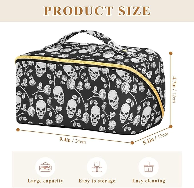 MNSRUU Makeup Organizer Bag, Skull with Rose Print Travel Makeup Bags Makeup Vanity Case Large Capacity Rhombus Cosmetic Toiletry Bag for Girl Women Ladies
