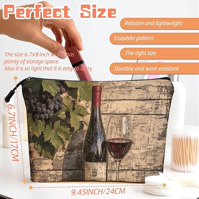 Scribesense Cosmetic Bags Travel Makeup Toilet Case Waterproof Pouch for Women Girls 6.7X9.45inches - Glass And Grapes on An Aged Wooden Background