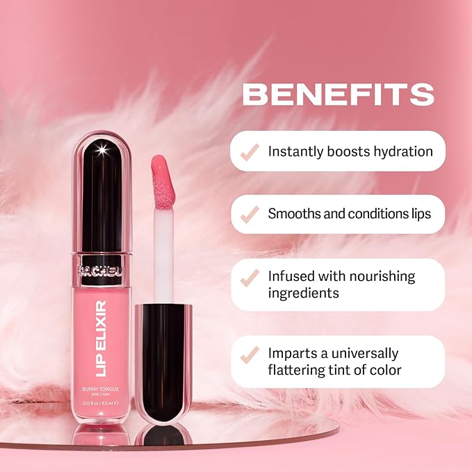 Sacheu Lip Elixir Hydrating Lip Gloss, High-Shine, Bunny Tongue (Pink)