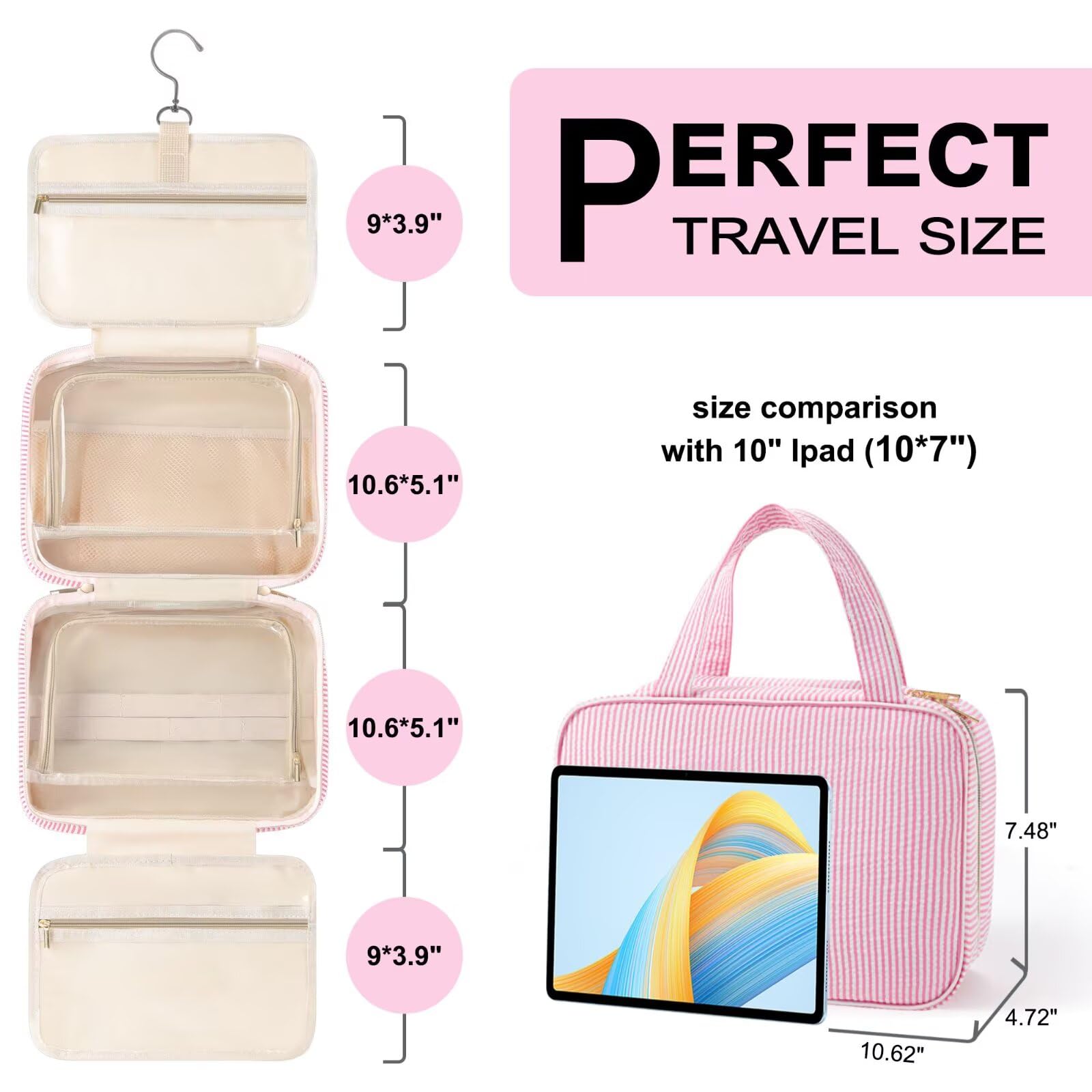 TOPEAST Travel Toiletry Bag Makeup Bag - Hanging Toiletry Bag for Women, Portable Toiletries Travel Bag and Cosmetic Bag, Airplane Travel Essentials Travel Toiletry Bag - Letter J, Pink