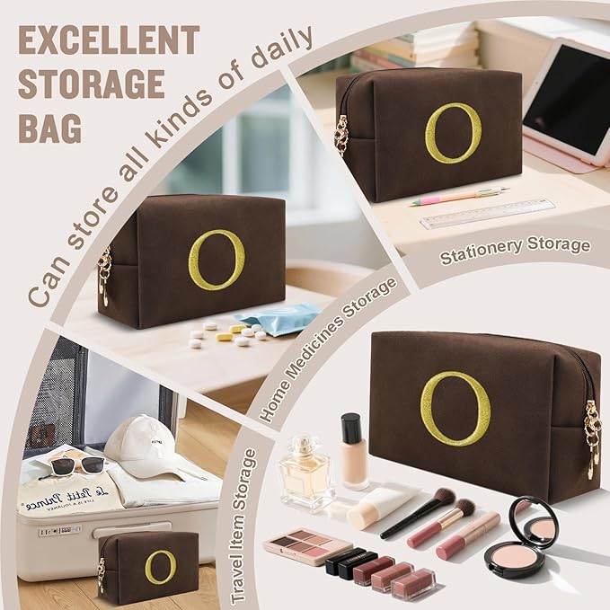 Personalized Initial Makeup Bag,Preppy Suede Cosmetic Bag for Teen Girls,Small Monogram Travel Toiletry Bag With Gold Embroidered Letter,Trendy Stuff Custom Christmas Gift for Women(Coffee-O)